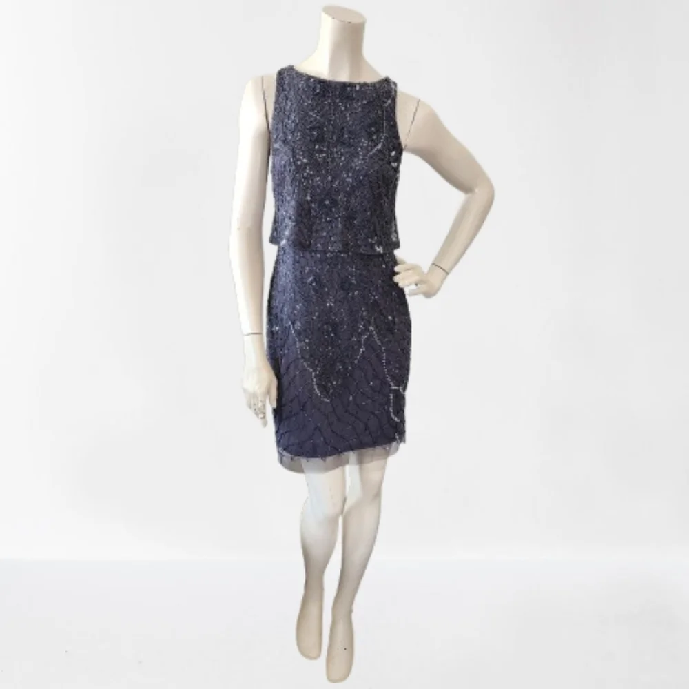 Aidan Mattox Dress Womens 0 Silver Gray Sleeveless Beaded Cocktail
